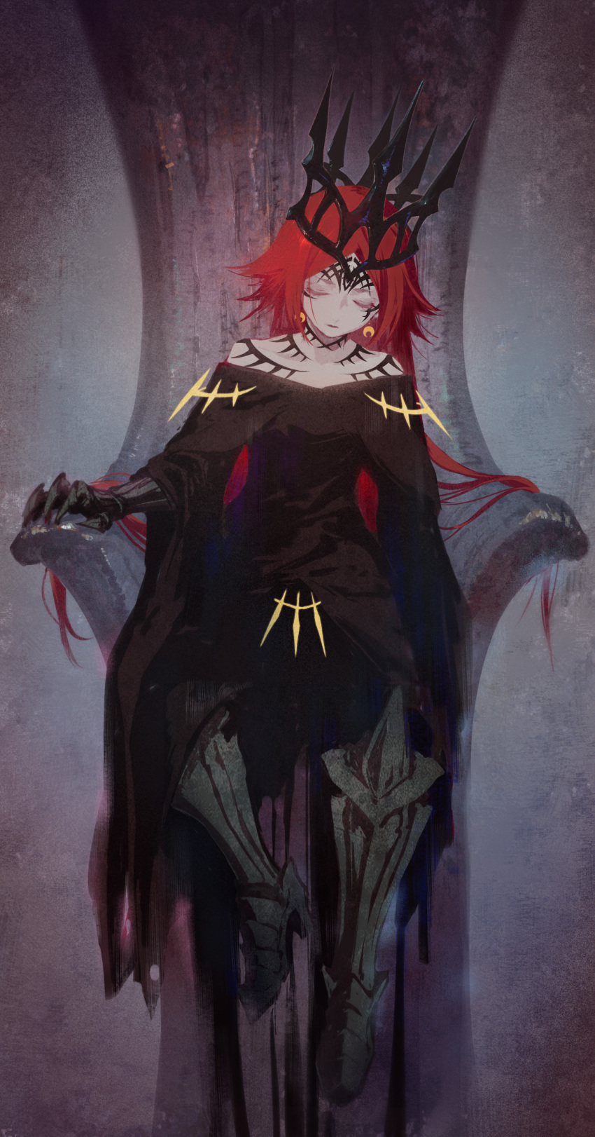 1other, absurdres, androgynous, armor, bare_shoulders, black_crown, black_dress, closed_eyes