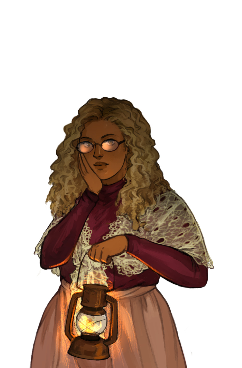 1girl, arrapso, blonde_hair, blouse, brown_eyes, curly_hair, dark-skinned_female, dark_skin