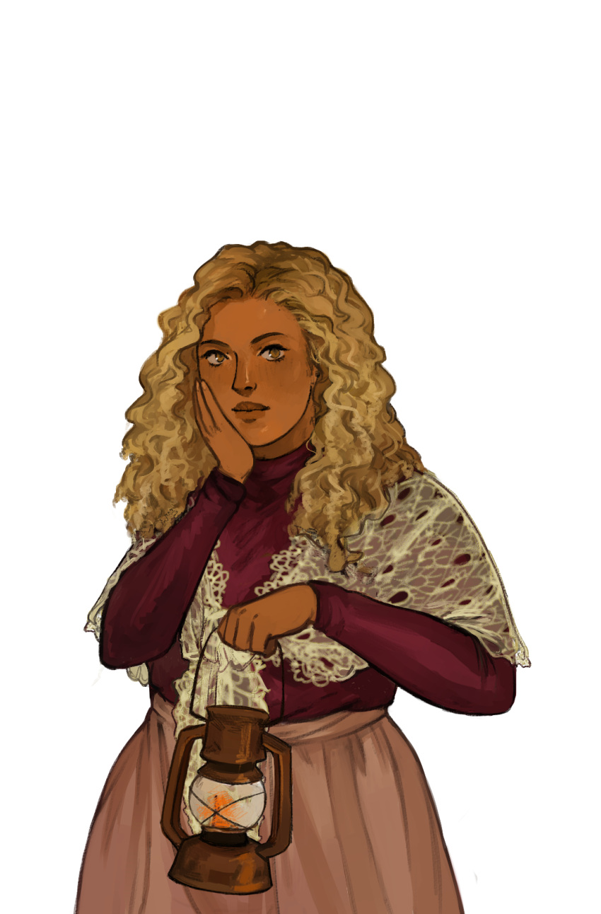 1girl, arrapso, blonde_hair, blouse, brown_eyes, curly_hair, dark-skinned_female, dark_skin