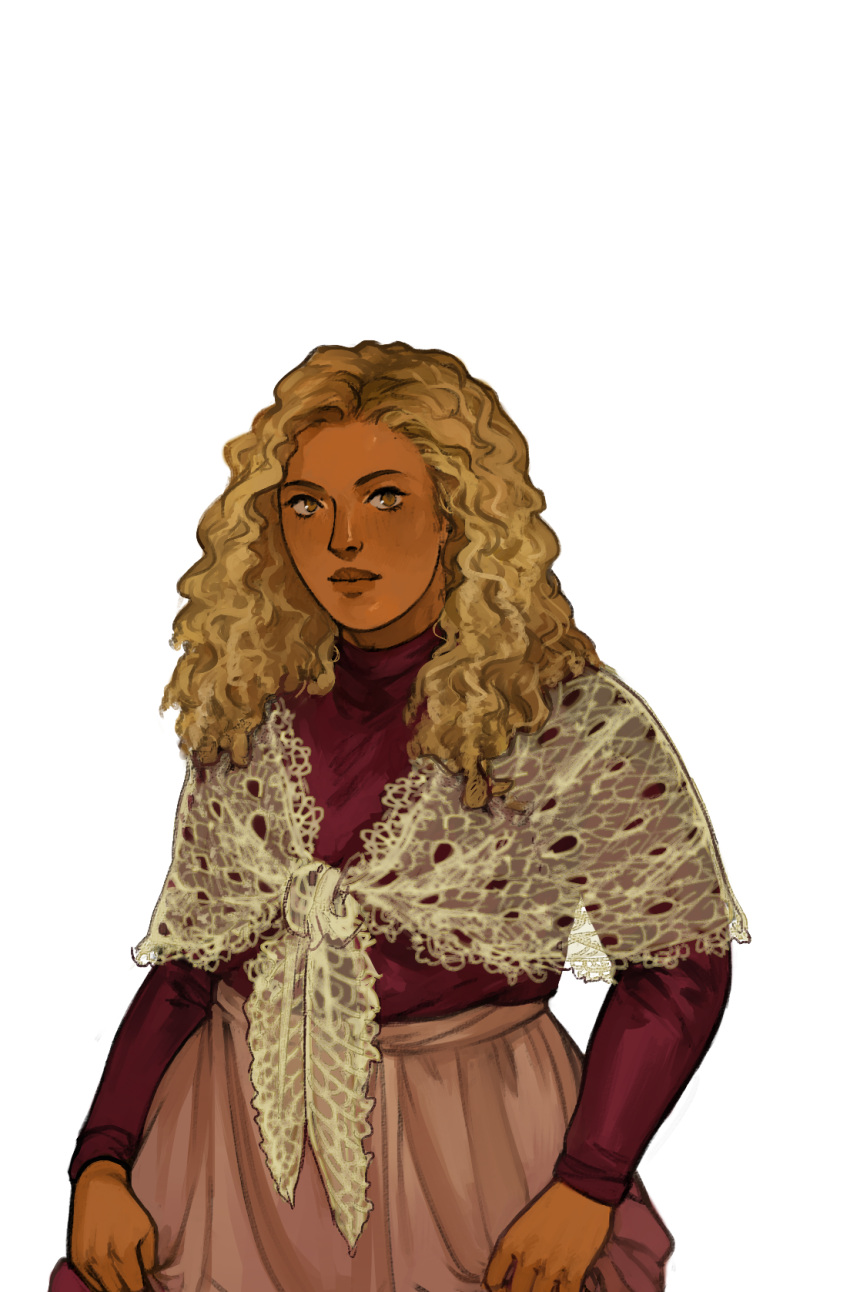 1girl, arrapso, blonde_hair, blouse, brown_eyes, cowboy_shot, curly_hair, dark-skinned_female