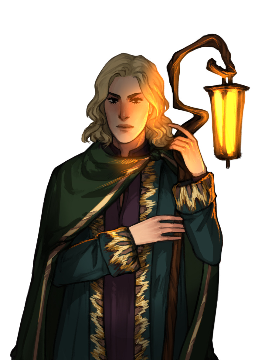 1boy, arrapso, black_eyes, blonde_hair, cloak, collared_shirt, cowboy_shot, dim_lighting