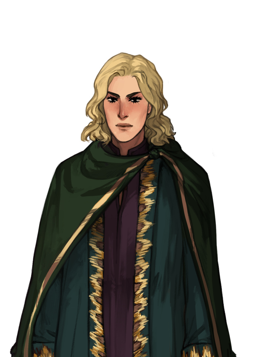1boy, arrapso, black_eyes, blonde_hair, cloak, collared_shirt, cowboy_shot, expressionless