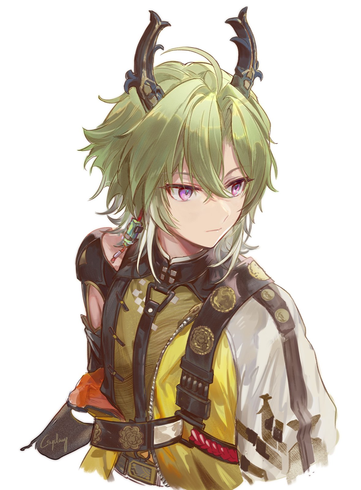 1boy, ahoge, arknights, arknights:_endfield, artist_name, belt, commentary, cropped_torso