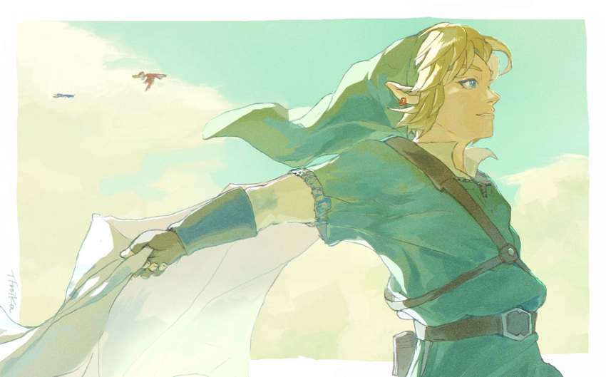 1boy, belt, belt_buckle, blonde_hair, blue_eyes, border, buckle, clouds
