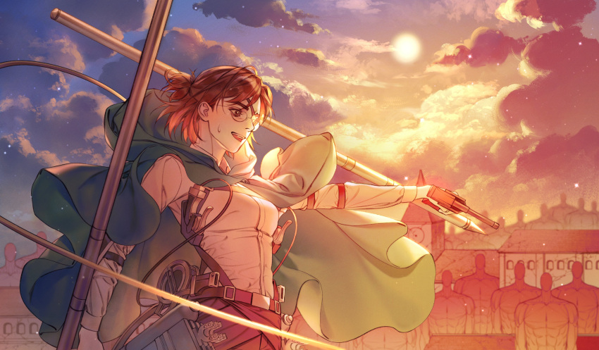 1girl, absurdres, breasts, brown_hair, cloak, clouds, cloudy_sky, dual_wielding, ehye520, european_architecture, eyepatch, glasses, green_cloak, hange_zoe, highres, holding, medium_breasts, medium_hair, open_mouth, paradis_military_uniform, parted_bangs, ponytail, shingeki_no_kyojin, shirt, sky, solo, sweatdrop, three-dimensional_maneuver_gear, titan_(shingeki_no_kyojin), upper_body, white_shirt