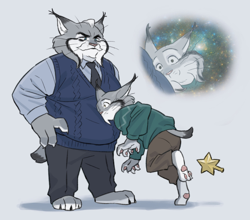 2boys, animal_ears, belly, blue_sweater_vest, brown_pants, cat_boy, cat_ears, closed_mouth