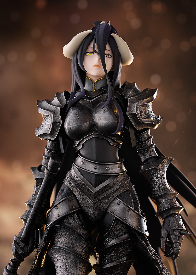 1girl, ahoge, albedo_(overlord), arm_at_side, armor, axe, bardiche_(weapon), battle_axe, belt, belt_around_waist, black_armor, black_belt, black_claws, black_gauntlets, black_hair, black_skirt, blood, blood_on_face, blurry, blurry_background, blurry_foreground, bokeh, breastplate, breasts, brown_background, clawed_gauntlets, collar, commentary, cowboy_shot, cuisses, curled_horns, curvy, demon_girl, demon_horns, depth_of_field, double-parted_bangs, english_commentary, figure_(medium), finger_to_mouth, floating_hair, full_armor, gauntlets, gold_trim, gorget, hair_between_eyes, head_tilt, hermes_trismegistus_(overlord), high_collar, holding, holding_axe, holding_weapon, horns, large_breasts, leg_armor, light_particles, long_bangs, long_hair, long_horns, long_sidelocks, long_skirt, looking_at_viewer, low_horns, mature_female, missing_wings, overlord_(maruyama), pale_skin, parted_lips, pauldrons, photo_(medium), plate_armor, polearm, raised_eyebrows, rerebrace, shoulder_armor, sidelocks, silver_trim, skirt, slit_pupils, solo, spiked_gauntlets, standing, straight_hair, studded_belt, torn_clothes, torn_skirt, vambraces, very_long_hair, weapon, white_collar, white_horns, yellow_eyes