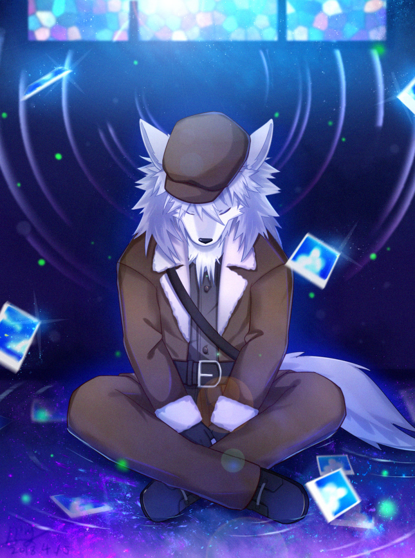 1boy, anastasia_(lostbelt)_(fate/grand_order), animal_ears, brown_hat, brown_jacket, brown_pants, ccc_bing, closed_eyes