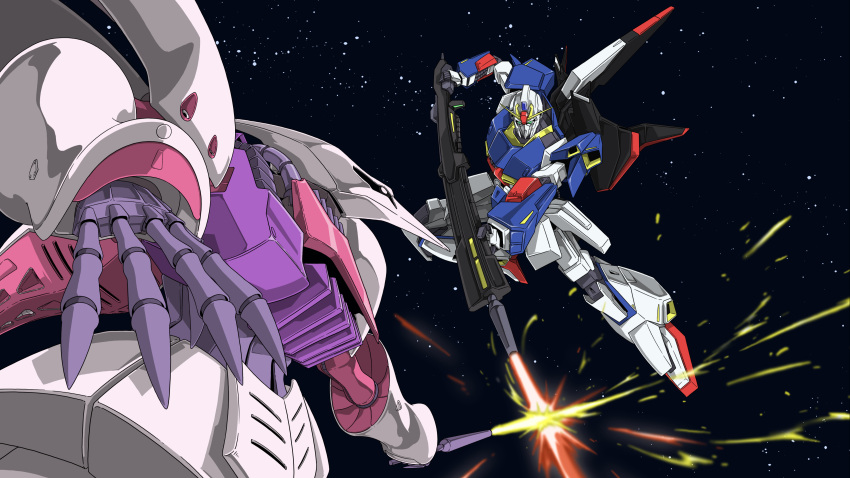 absurdres, aeug, bayonet, beam_rifle, claws, commentary_request, energy_beam, energy_gun, energy_sword, flying_cannon, gundam, highres, holding, holding_weapon, mecha, mecha_focus, mobile_suit, neo_zeon, no_humans, qubeley, robot, scene_reference, science_fiction, space, star_(sky), sword, v-fin, weapon, zero_gravity, zeta_gundam, zeta_gundam_(mobile_suit)