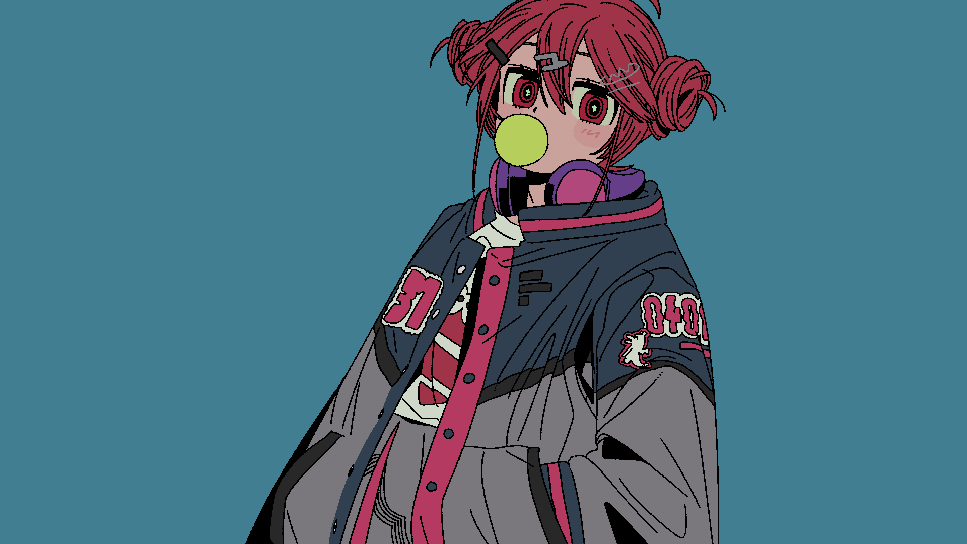 1girl, alternate_costume, alternate_hairstyle, blowing_bubble_gum, blue_background, blush_stickers, chewing_gum, grey_skirt