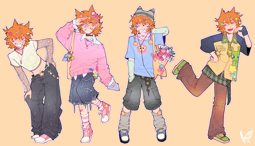 1boy, alien_print, alternate_costume, alternate_universe, animal_hat, antenna_hair, arm_up, arm_warmers