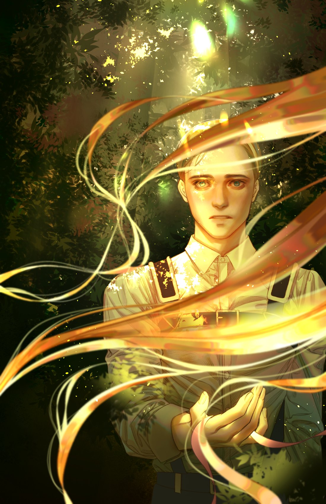 1boy, 1girl, blonde_hair, blue_eyes, brown_hair, chest_harness, collared_shirt, ehye520, erwin_smith, harness, highres, holding, holding_ribbon, long_hair, looking_at_viewer, male_focus, marie_dok, outdoors, outstretched_hand, parted_lips, pink_ribbon, ribbon, shingeki_no_kyojin, shirt, short_hair, sunlight, three-dimensional_maneuver_gear, upper_body, white_shirt