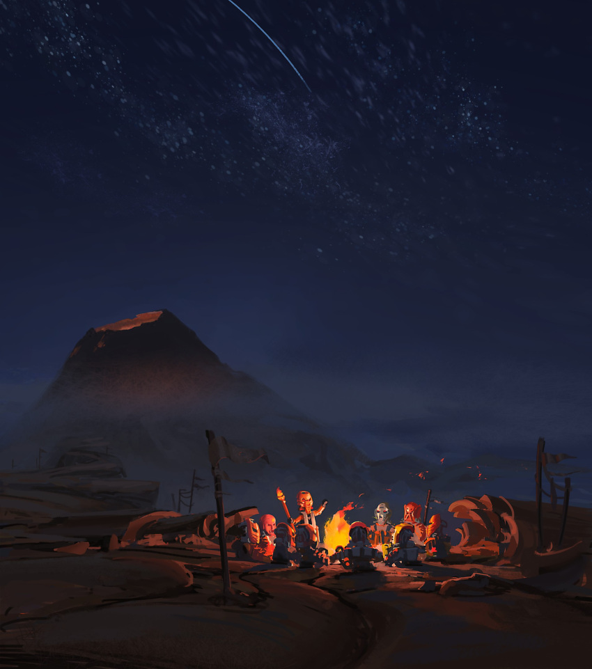 bionicle, campfire, clouds, english_commentary, fire, flag, highres, holding, holding_staff, kanohi_(bionicle), mask, night, outdoors, red_eyes, science_fiction, staff, takua_(bionicle), the_lego_group, vakama_(bionicle), volcano, vygovery