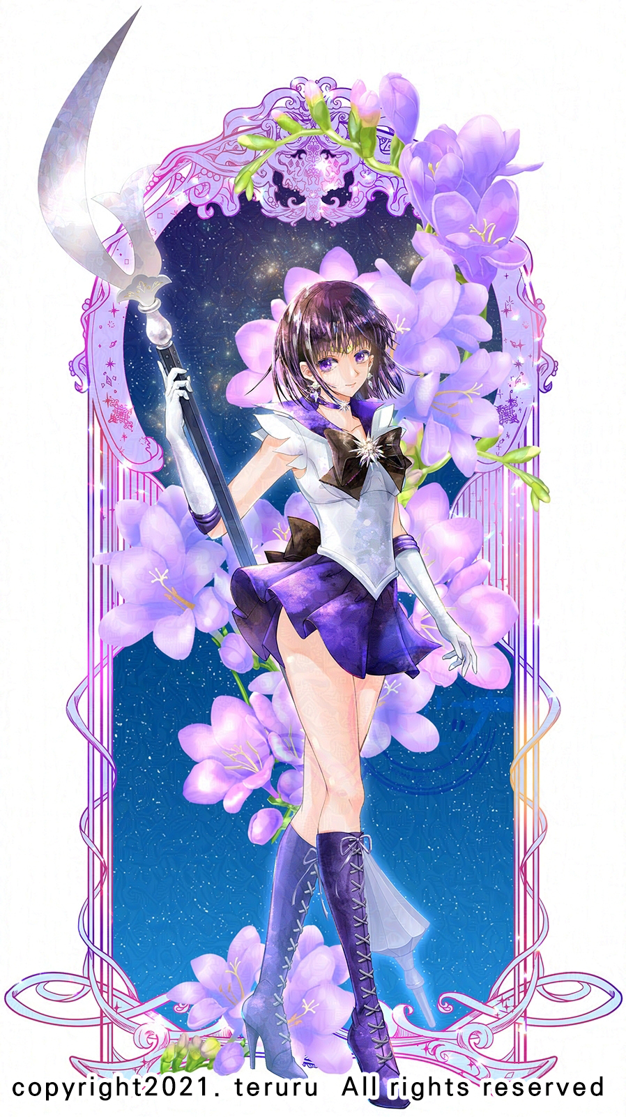 1girl, bishoujo_senshi_sailor_moon, black_hair, blunt_bangs, blunt_ends, boots, brooch, choker, circlet, commentary_request, earrings, elbow_gloves, flower, gloves, high_heel_boots, high_heels, highres, jewelry, looking_at_viewer, lunaargent, miniskirt, outer_senshi, purple_boots, purple_sailor_collar, purple_skirt, sailor_collar, sailor_saturn, sailor_senshi_uniform, short_hair, silence_glaive, skirt, solo, star_(symbol), star_brooch, star_choker, tomoe_hotaru, violet_eyes, white_gloves