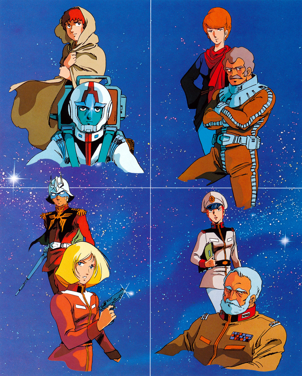 1970s_(style), 1980s_(style), 3girls, 4boys, amuro_ray, artist_request, beard, belt