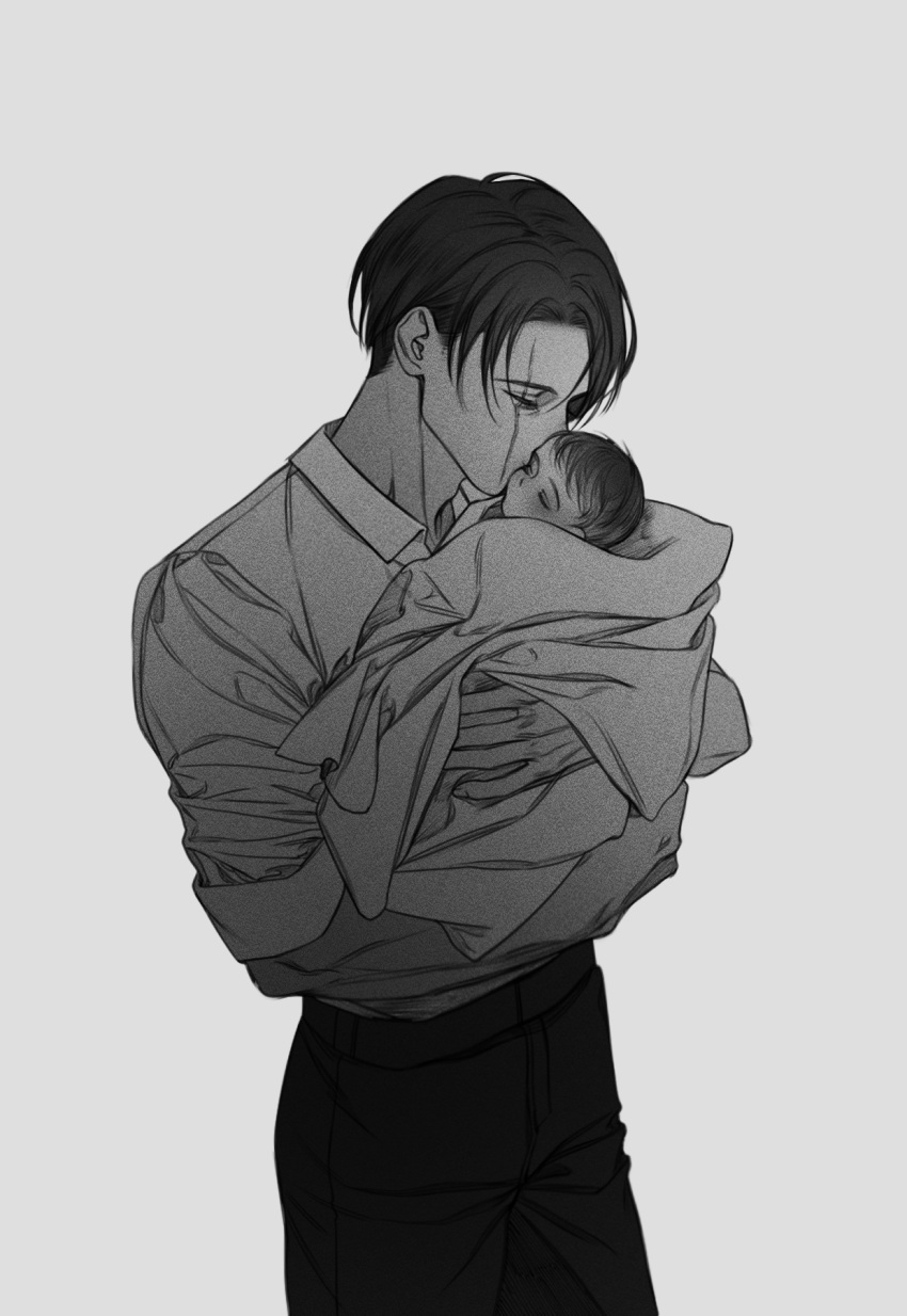 1boy, 1other, baby, black_hair, black_pantyhose, carrying, carrying_baby, carrying_person