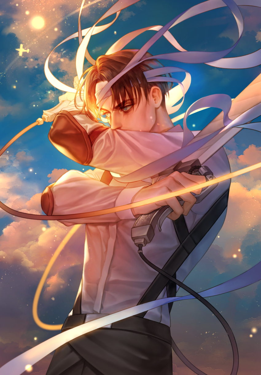 1boy, absurdres, aircraft, airplane, bags_under_eyes, bandaged_head, bandages, black_hair