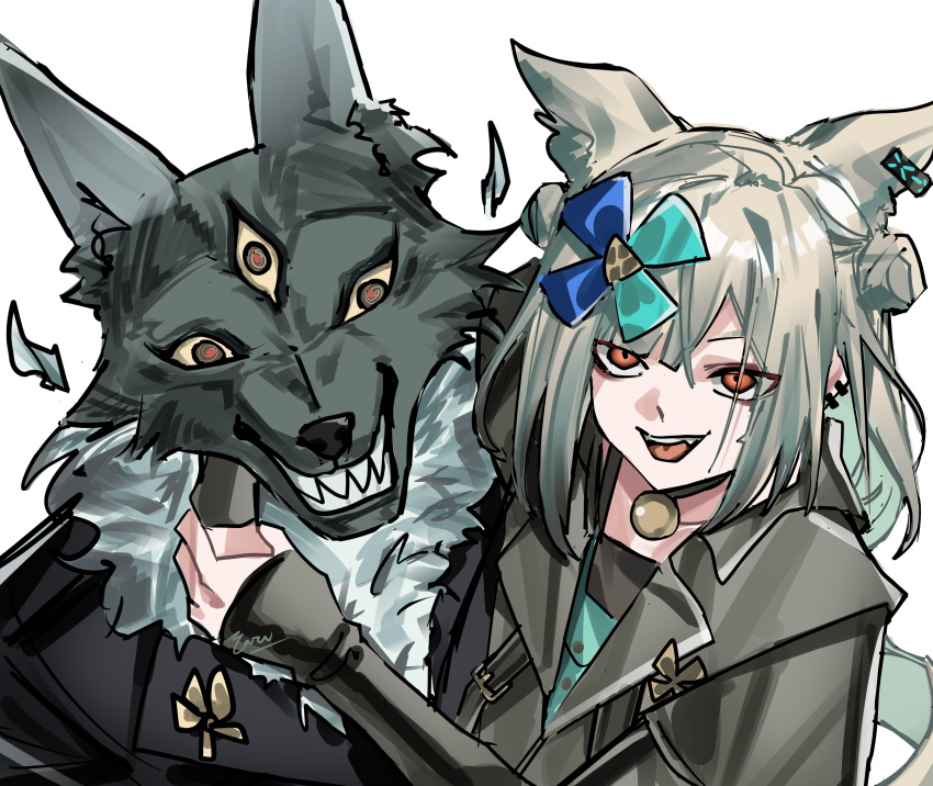1girl, absurdres, animal_ear_piercing, arknights, arms_around_neck, black_collar, black_jacket, collar, collarbone, coretton_(arknights), detached_sleeves, double_bun, ear_piercing, extra_ears, eyes_visible_through_hair, fang, green_hair, hair_bun, highres, hug, jacket, looking_at_viewer, medium_hair, morpheus_(arknights), negligee, orange_eyes, piercing, simple_background, sleeves_past_wrists, solo, white_background, yazu_(zoddiacz)