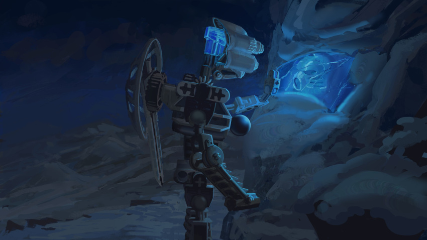 bionicle, commentary, english_commentary, from_side, glowing, highres, humanoid_robot, ice