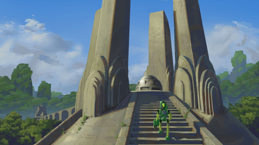bionicle, clouds, commentary, commission, english_commentary, highres, humanoid_robot, jungle