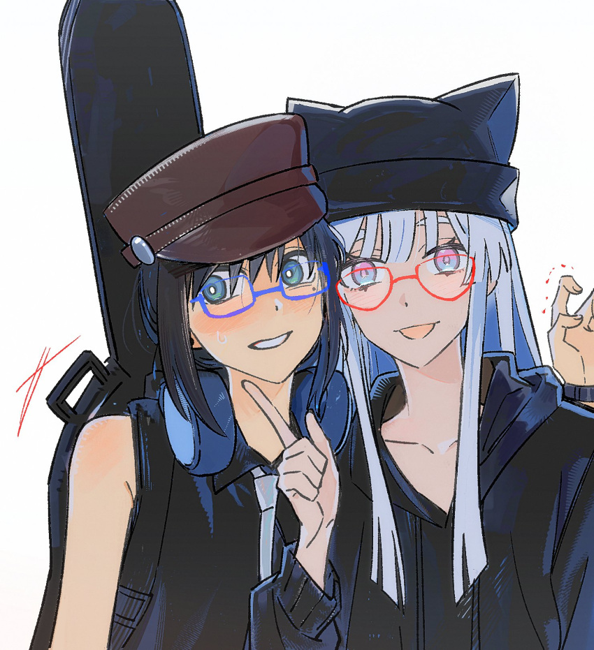 2girls, alternate_costume, animal_hat, aqua_eyes, bare_shoulders, black_hair, black_hat, black_hoodie, blue-framed_eyewear, blue_eyes, blue_hair, blush, brown_hat, cat_hat, chinese_commentary, cho_kaguya-hime!, collarbone, commentary_request, disguise, glasses, gradient_eyes, hat, highres, hood, hood_down, hoodie, index_finger_raised, instrument_case, instrument_case_on_back, looking_at_viewer, mole, mole_under_eye, multicolored_eyes, multiple_girls, open_mouth, pink_eyes, red-framed_eyewear, runami_yachiyo, sakayori_iroha, simple_background, sleepdeadme, sleeveless, smile, trembling, two-tone_eyes, upper_body, white_background