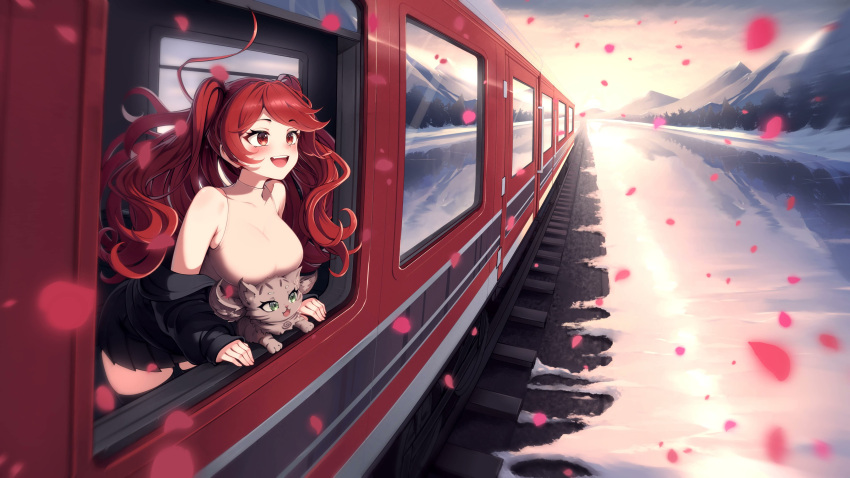 1girl, :d, absurdres, black_jacket, black_skirt, blush, cat, cherry_blossoms