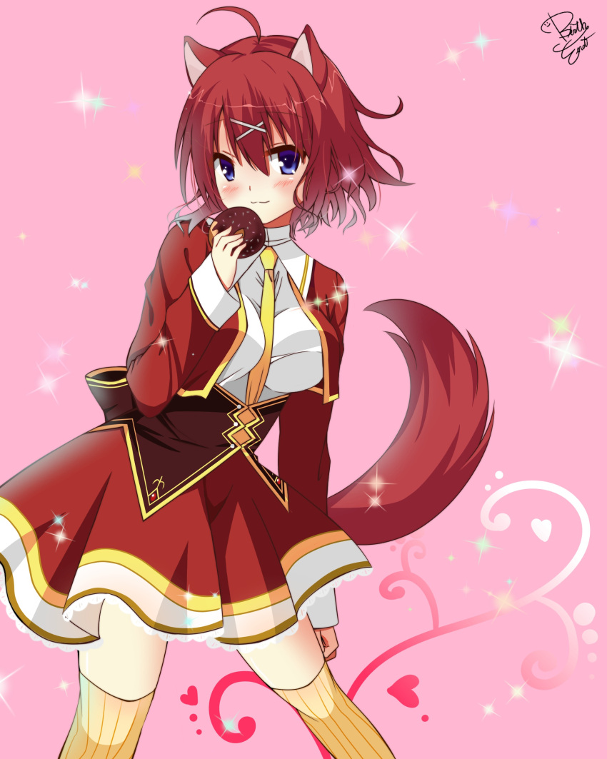 1girl, :3, ahoge, amairo_islenauts, animal_ears, arm_at_side, between_breasts, blue_eyes