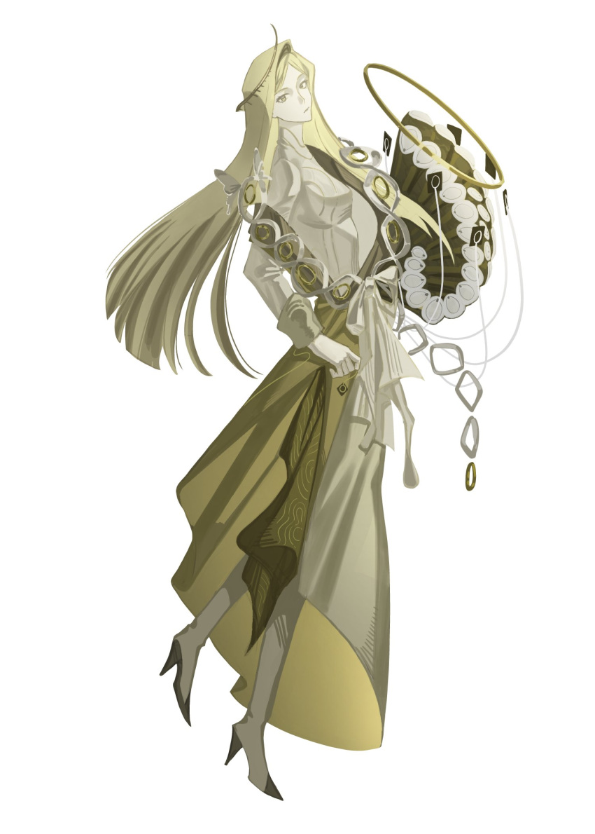 1girl, blonde_hair, boots, closed_mouth, from_side, full_body, grey_boots, grey_skirt