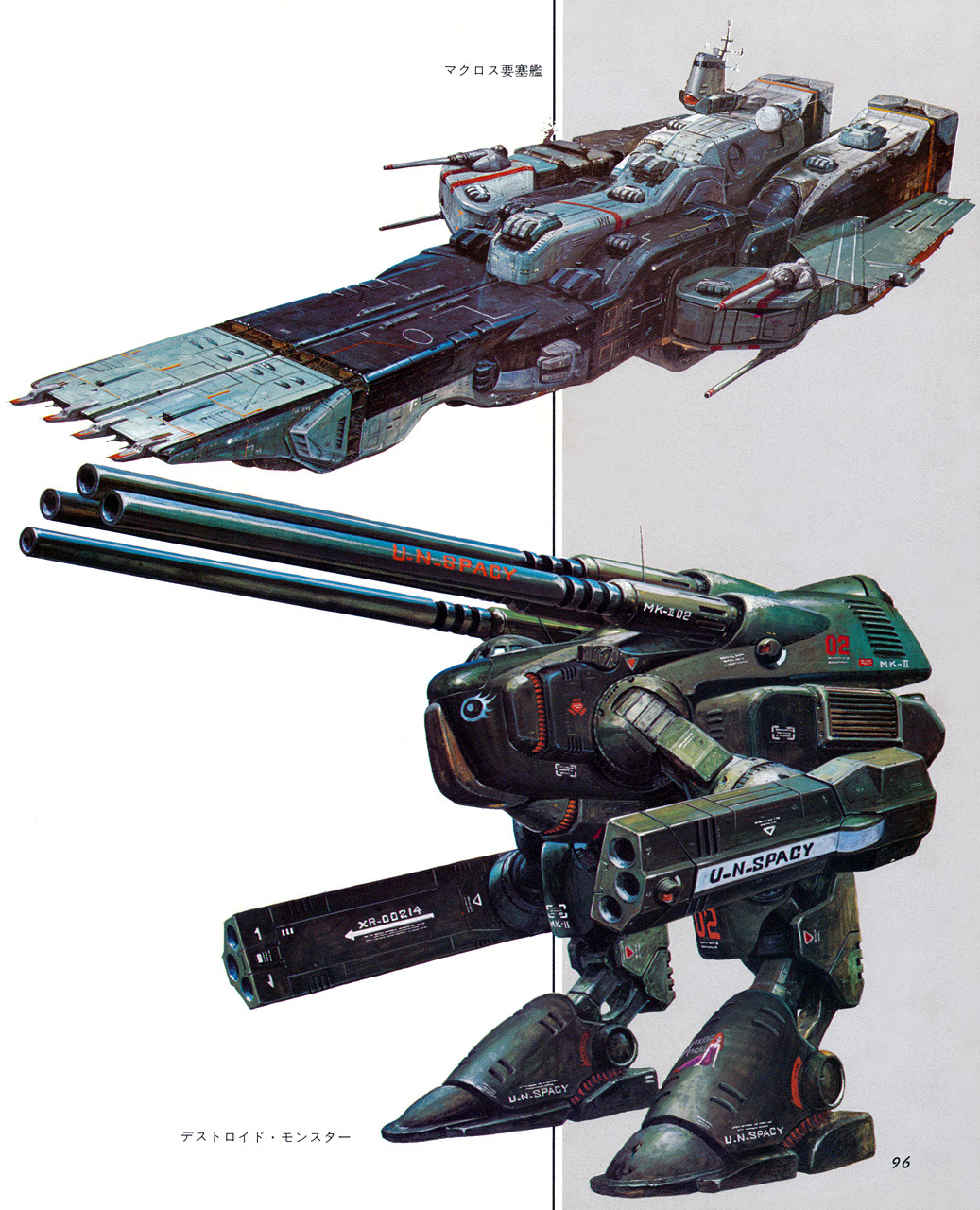 1980s_(style), aircraft_carrier, cannon, character_name, choujikuu_yousai_macross, commentary_request, destroid, energy_cannon