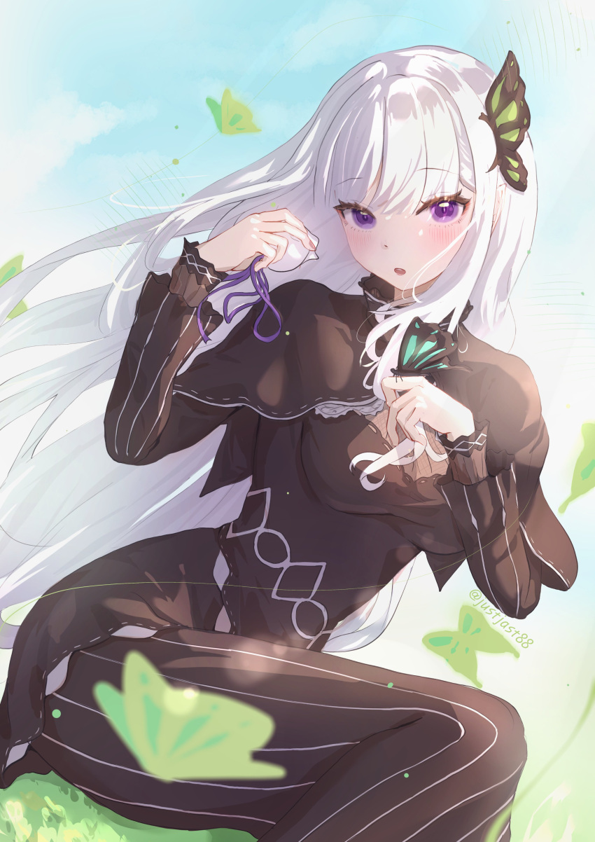 1girl, absurdres, black_capelet, black_dress, blush, breasts, bug, butterfly