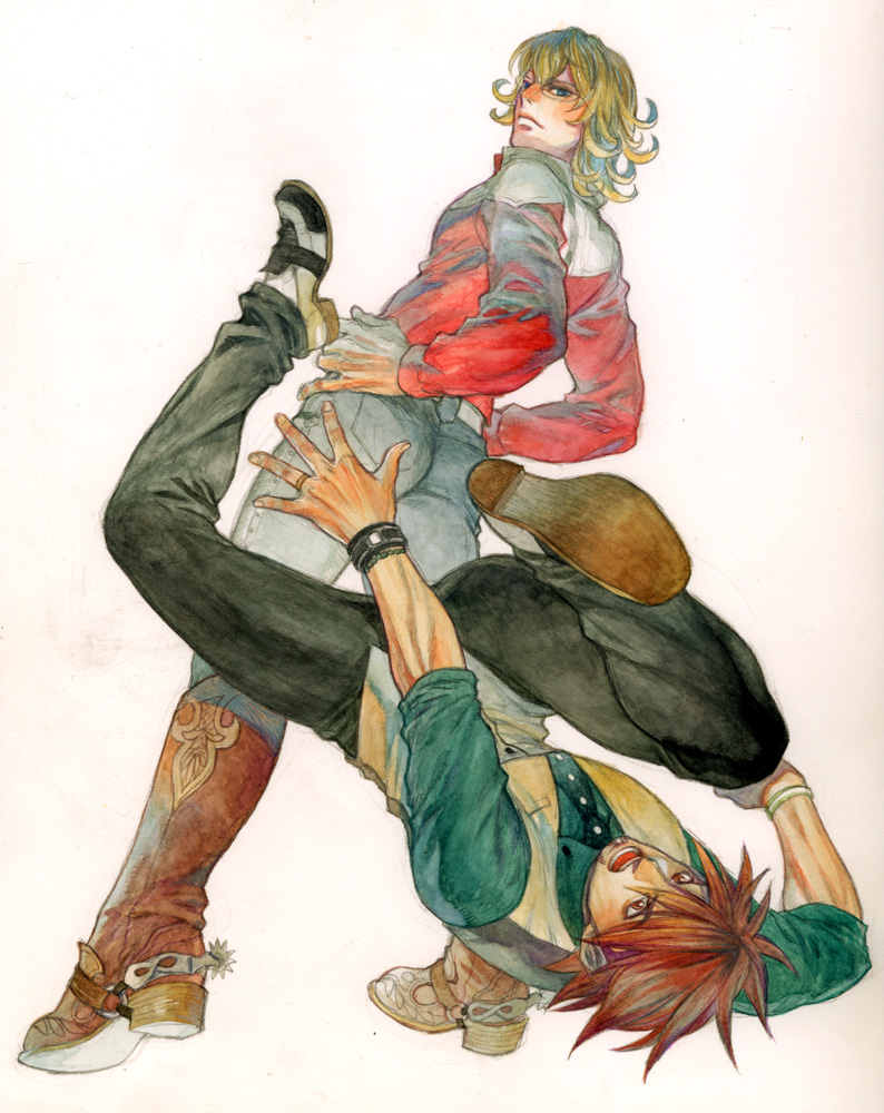 asami_you, ass, barnaby_brooks_jr, belt, blonde_hair, blue_eyes, boots, brown_eyes