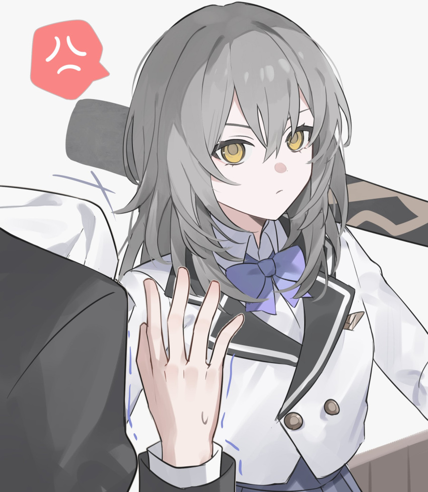1boy, 1girl, anger_vein, baseball_bat, blazer, blue_bow, blue_bowtie, bow, bowtie, collared_shirt, commentary, graphia_academy_school_uniform, grey_hair, hashtag-only_commentary, highres, holding, holding_baseball_bat, honkai:_star_rail, honkai_(series), jacket, long_hair, long_sleeves, official_alternate_costume, pleated_skirt, school_uniform, shirt, skirt, solo_focus, spoken_anger_vein, stelle_(honkai:_star_rail), trailblazer_(honkai:_star_rail), white_jacket, white_shirt, yellow_eyes, younomiti
