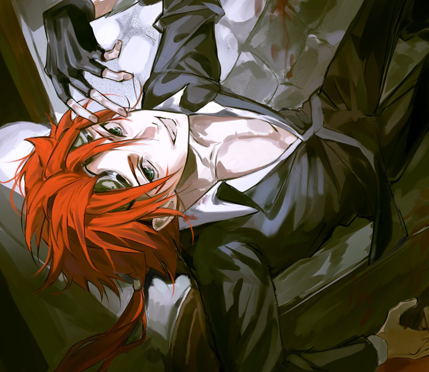 1boy, black_gloves, black_jacket, black_pants, black_suit, blood_on_furniture, byo_rk, collared_shirt