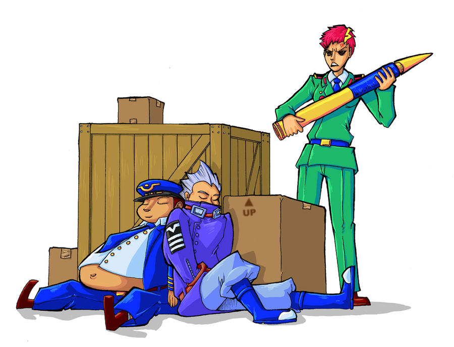 1girl, 2boys, advance_wars, angry, aviator_sunglasses, boots, box, chevron_(symbol), crate, drake_(advance_wars), eagle_(advance_wars), exposed_fat, fat, holding_tank_shell, jess_(advance_wars), military_uniform, navel, necktie, overcoat, peaked_cap, red_hair, sailor, sleeping, tank_shell, white_hair, white_shirt, wildragon_(artist), wooden_box