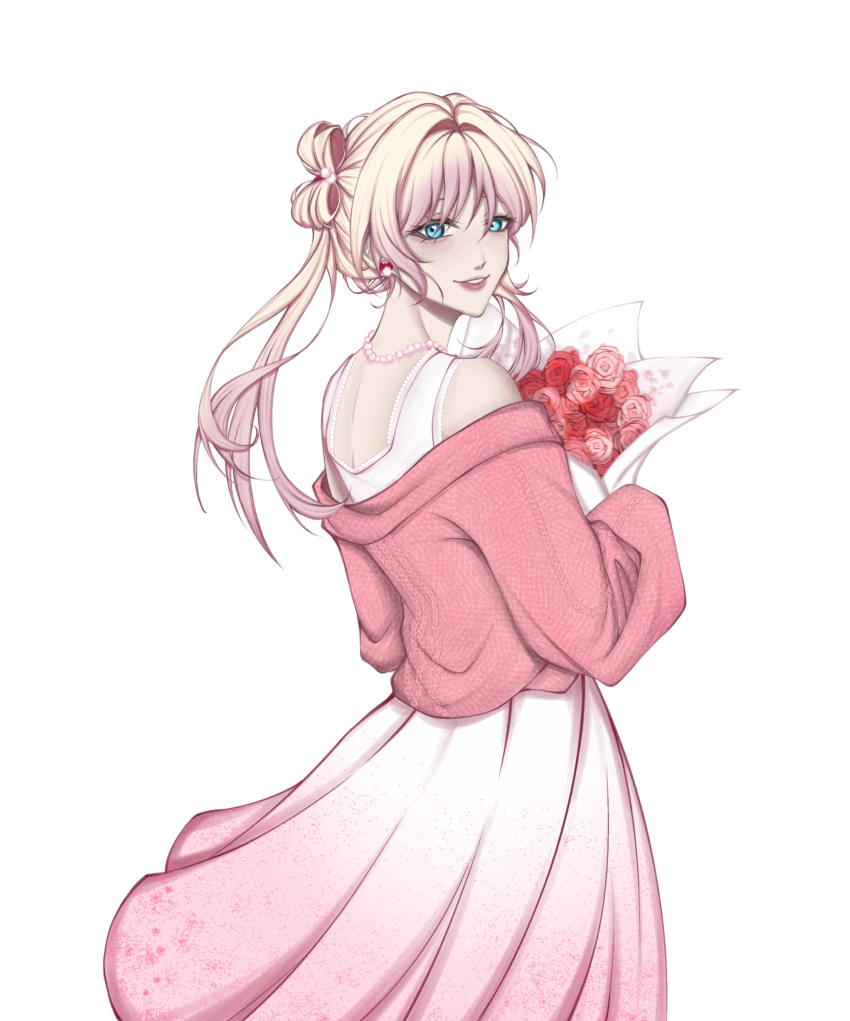 1girl, :d, absurdres, angel_(killer_chat), aweseir, blonde_hair, blue_eyes, bouquet