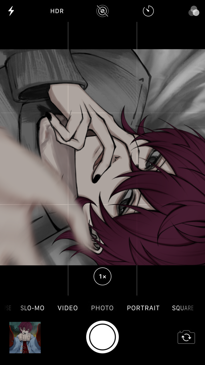 1boy, aegyo_sal, aweseir, black_eyes, black_nails, double-parted_bangs, grey_shirt, grin