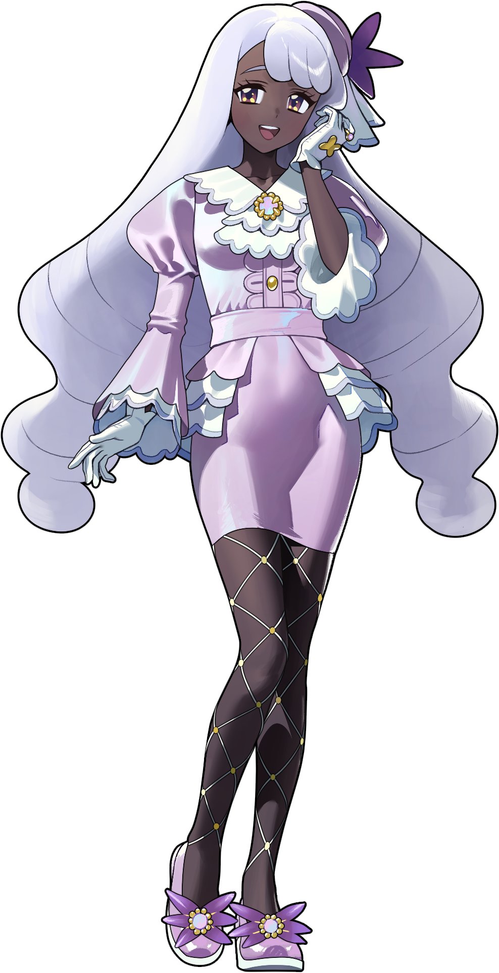 1girl, 987645321o, ascot, blush, breasts, dark-skinned_female, dark_skin, dress, fishnet_pantyhose, fishnets, frilled_ascot, frills, glove_bow, gloves, hashtag-only_commentary, highres, jacinthe_(pokemon), juliet_sleeves, long_hair, long_sleeves, looking_at_viewer, open_mouth, pantyhose, pokemon, pokemon_legends:_z-a, puffy_sleeves, purple_dress, purple_hair, shoes, simple_background, small_breasts, smile, solo, teeth, upper_teeth_only, very_dark_skin, violet_eyes, white_background, white_gloves