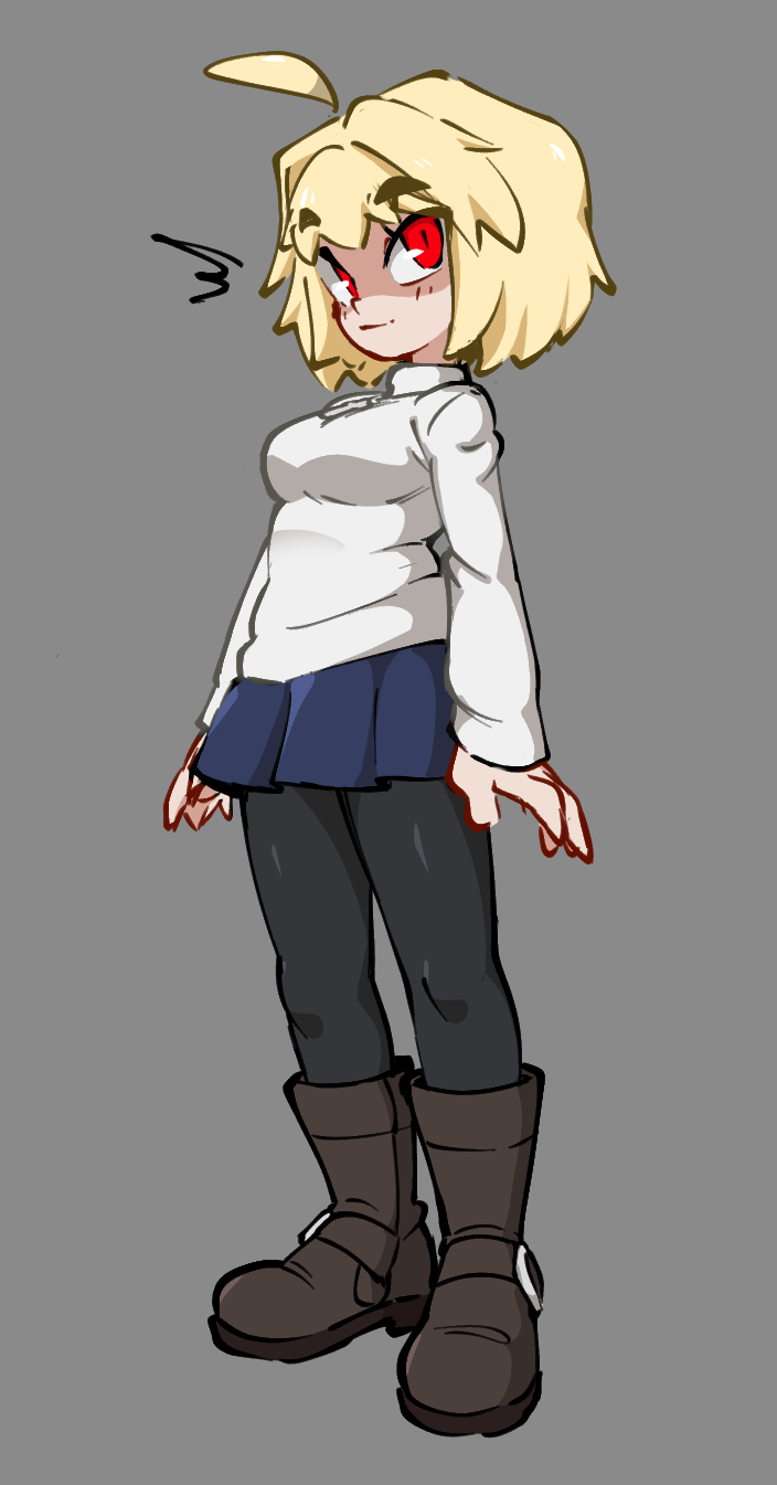 1girl, arcueid_brunestud, black_pantyhose, blonde_hair, blue_skirt, blush, boots, breasts