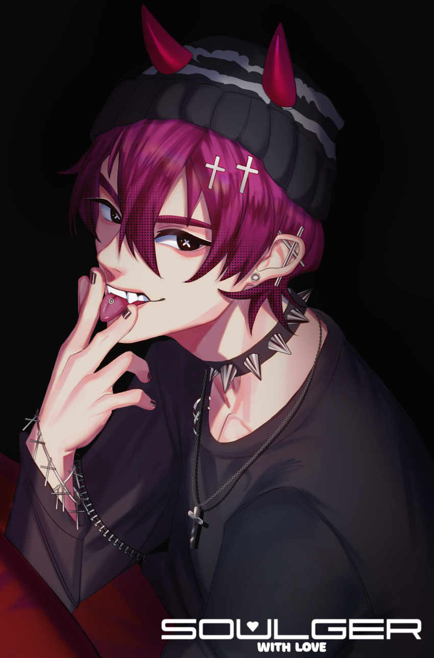 1boy, absurdres, aegyo_sal, beanie, ben-day_dots, black_eyes, black_jacket, black_shirt