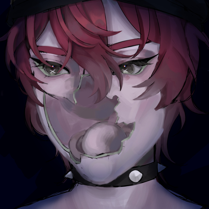 1boy, beanie, broken_skin, brown_eyes, choker, close-up, commentary, cracked_skin