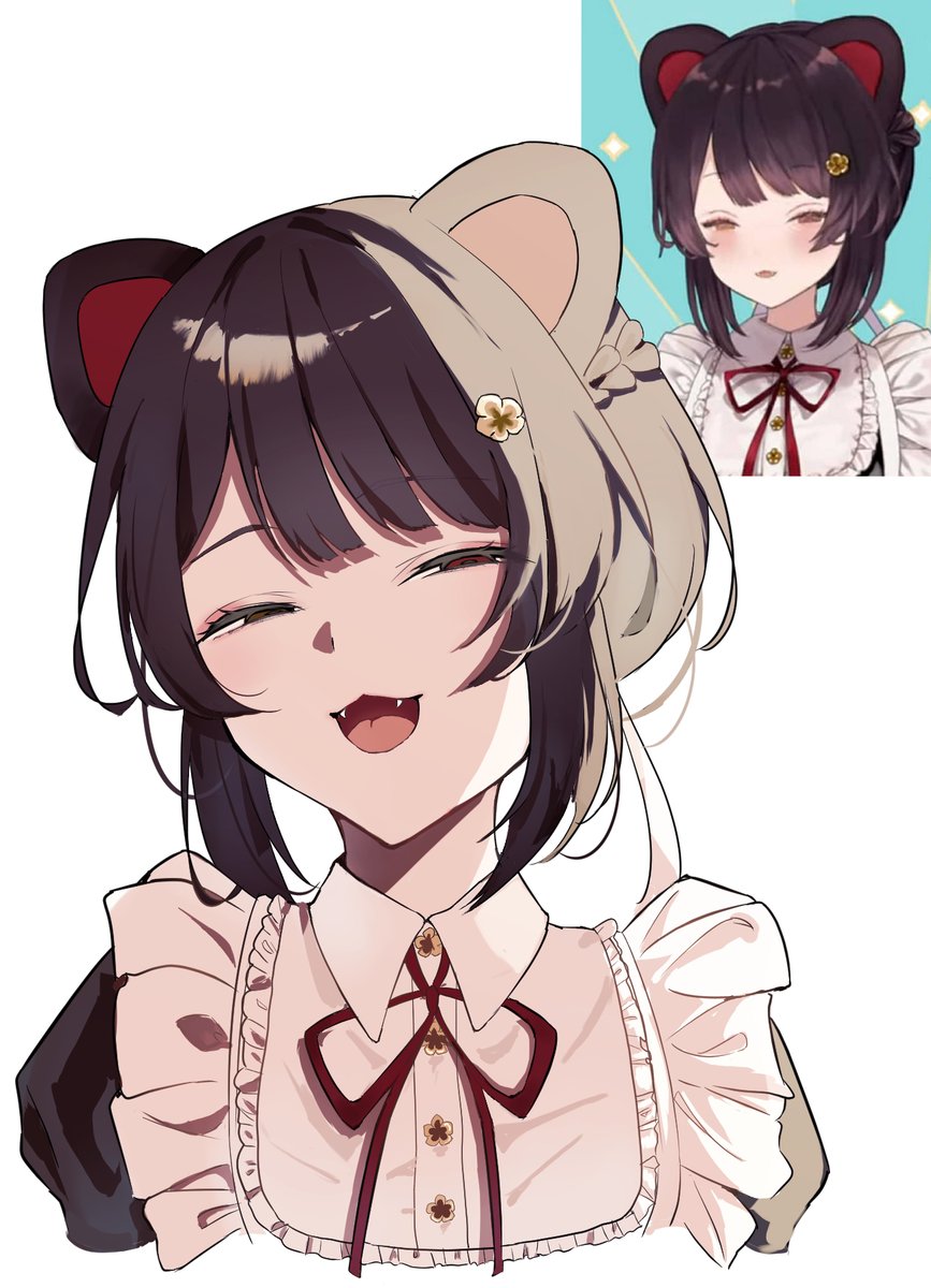 1girl, :3, :d, anemone_5628, animal_ears, bib_collar, braid, brown_hair