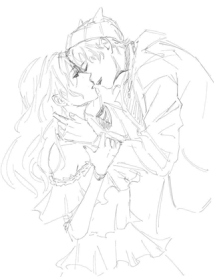 1boy, 1girl, beanie, closed_eyes, commentary, cowboy_shot, demon_horns, dress, english_commentary, fake_horns, gluttony_gods, greyscale, half-closed_eyes, hand_on_another's_neck, hand_on_another's_wrist, hat, highres, horns, imminent_kiss, jacket, long_hair, monochrome, munstxr, off-shoulder_dress, off_shoulder, ronin_(killer_chat), short_hair, ther_(gluttony_gods), wavy_hair