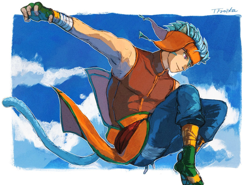 1boy, animal_ears, blue_hair, cat_boy, cat_ears, closed_mouth, commentary_request, fingerless_gloves