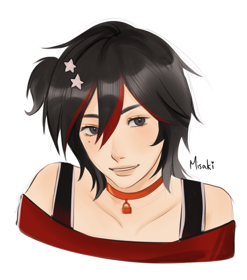 1other, absurdres, aegyo_sal, black_eyes, black_hair, bra_strap, character_name, grin
