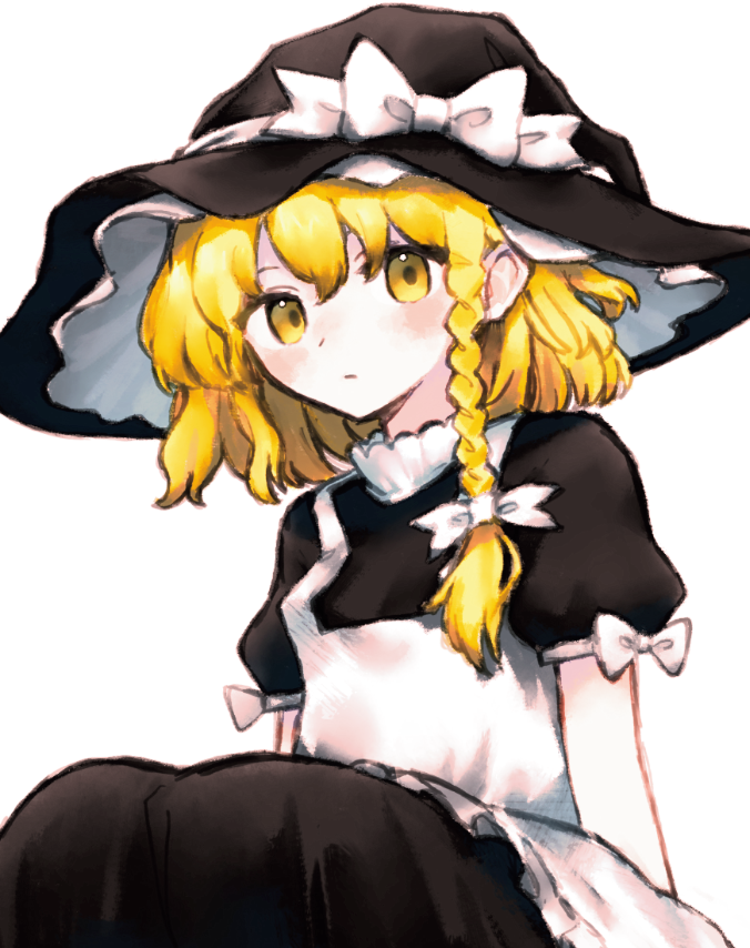 1girl, apron, black_shirt, black_skirt, blonde_hair, blush, bow, braid, closed_mouth, embodiment_of_scarlet_devil, hair_bow, hat, hat_bow, kirisame_marisa, long_hair, looking_at_viewer, natucurage, official_alternate_costume, puffy_short_sleeves, puffy_sleeves, shirt, short_sleeves, side_braid, simple_background, single_braid, skirt, sleeve_bow, solo, touhou, white_apron, white_background, white_bow, witch_hat, yellow_eyes