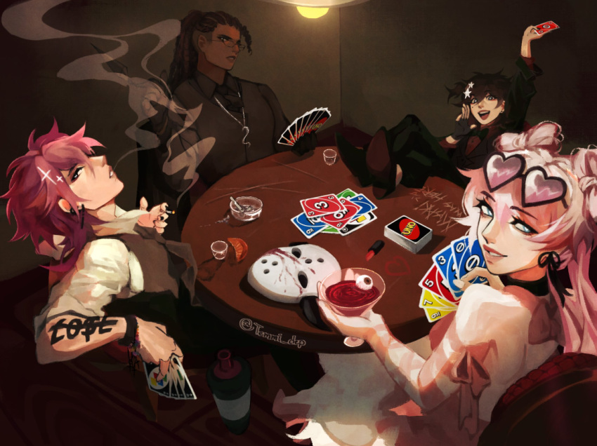 1girl, 1other, 2boys, aegyo_sal, angel_(killer_chat), arm_tattoo, ashtray, black_hair