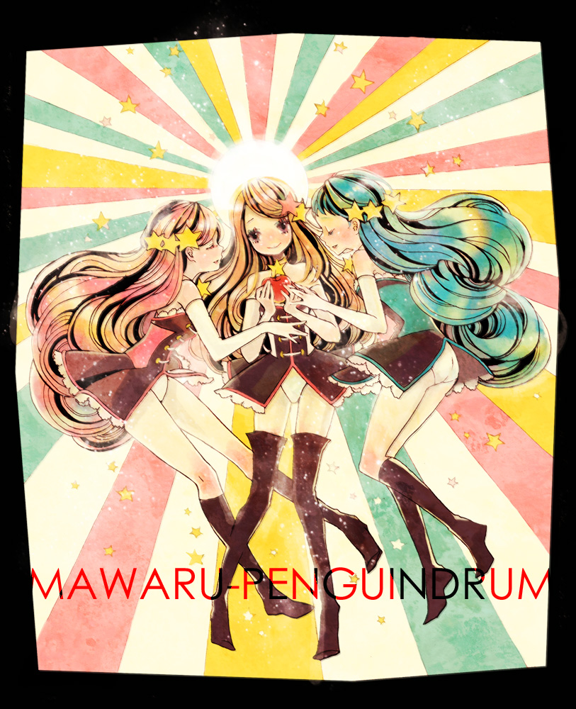 bare_shoulders, black_legwear, blue-haired_girl_(mawaru_penguindrum), blue_hair, blush, boots, closed_eyes, double-h_(mawaru_penguindrum)