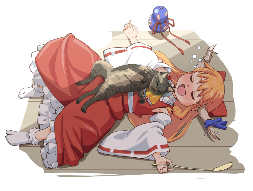 1girl, alternate_costume, blonde_hair, blush, bow, brown_horns, cat, cat_day