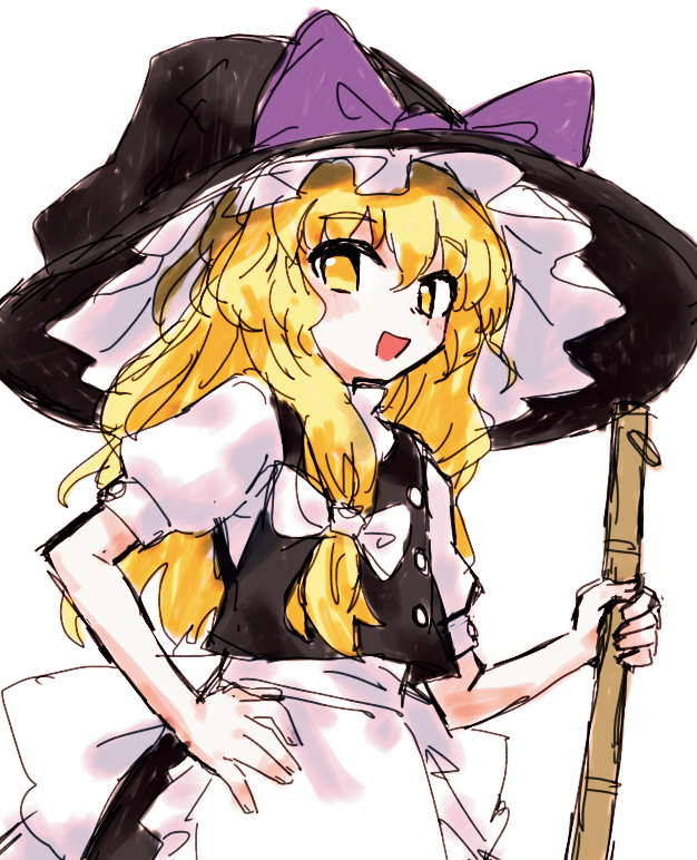 1girl, apron, back_bow, black_hat, black_skirt, black_vest, blonde_hair, blush