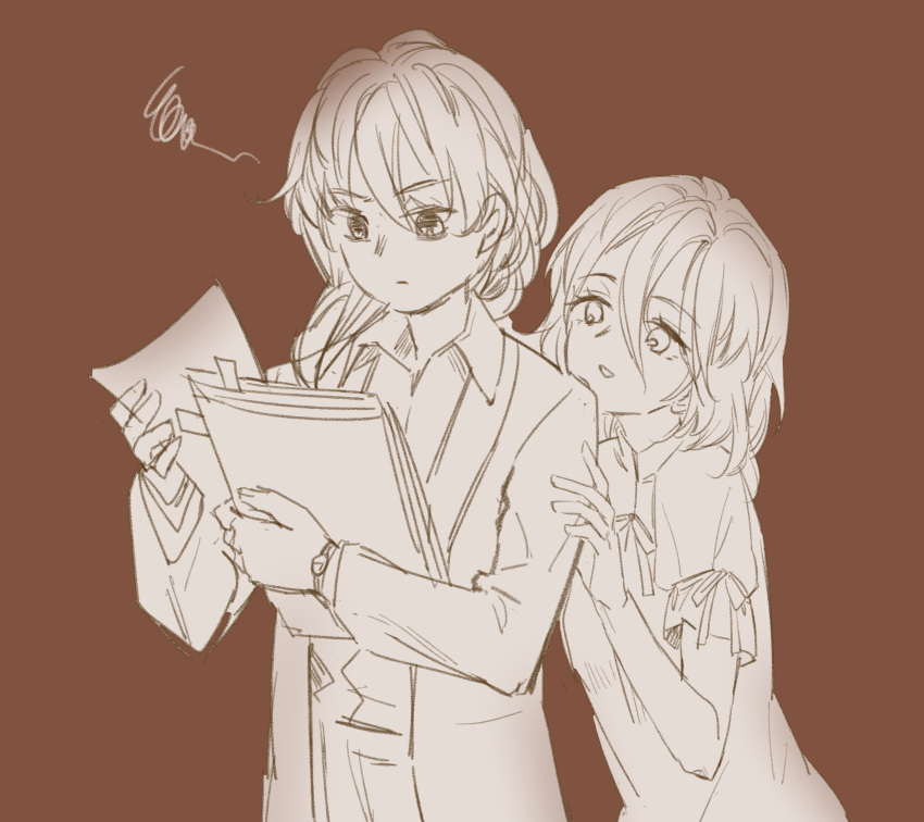 2girls, :/, :o, behind_another, black_eyes, closed_mouth, commentary_request, double-parted_bangs